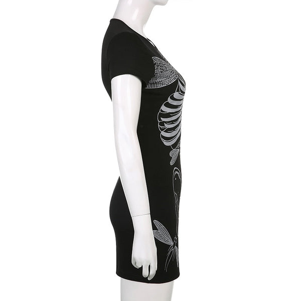 Gothic Punk Skeleton Bones Print Mini Dress