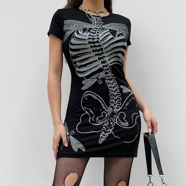 Gothic Punk Skeleton Bones Print Mini Dress