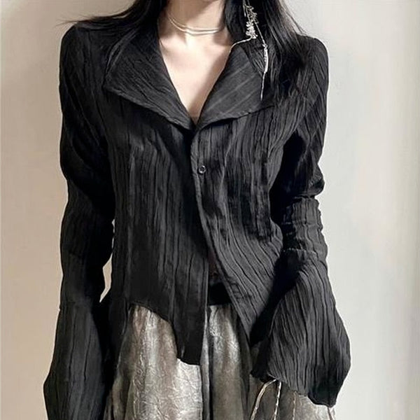 Y2k Pleated Button Up Black Shirt