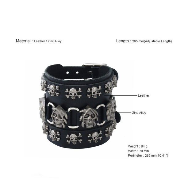 Punk Men Skull Genuine Leather Wide Bracelet / Gothic Cool  Bracelets / Rock Accessories