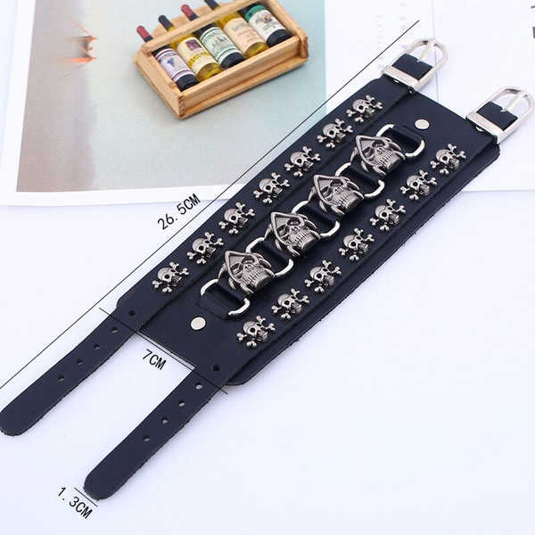 Punk Men Skull Genuine Leather Wide Bracelet / Gothic Cool  Bracelets / Rock Accessories