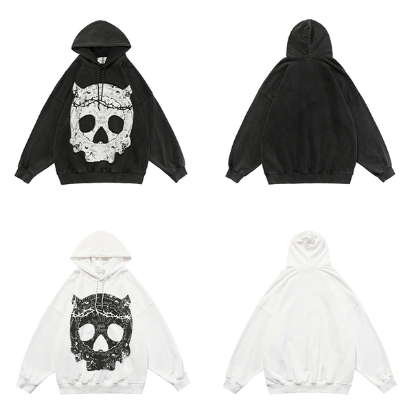 Punk Skull Patch Women's Hoodie / Gothic Oversized Long Sleeves Sweatshirt