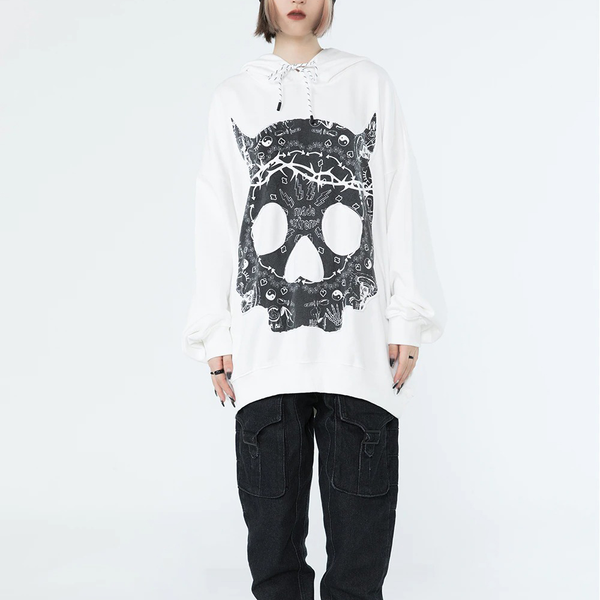 Punk Skull Patch Women's Hoodie / Gothic Oversized Long Sleeves Sweatshirt