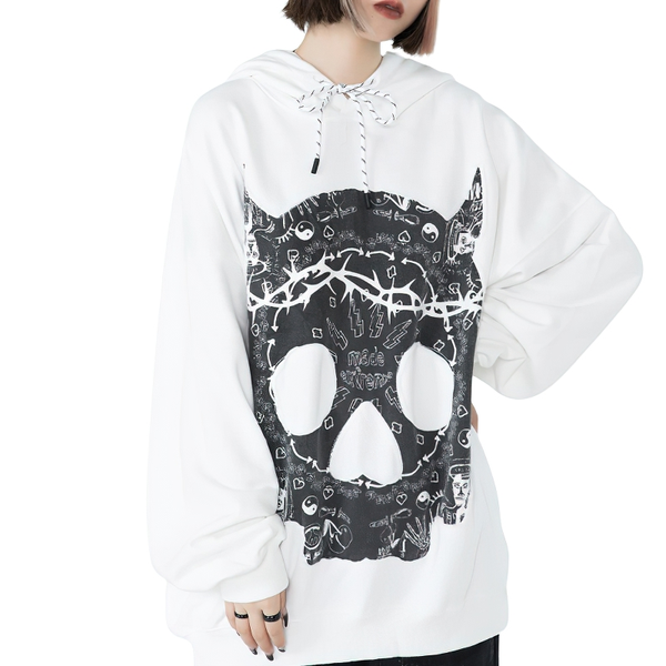 Punk Skull Patch Women's Hoodie / Gothic Oversized Long Sleeves Sweatshirt