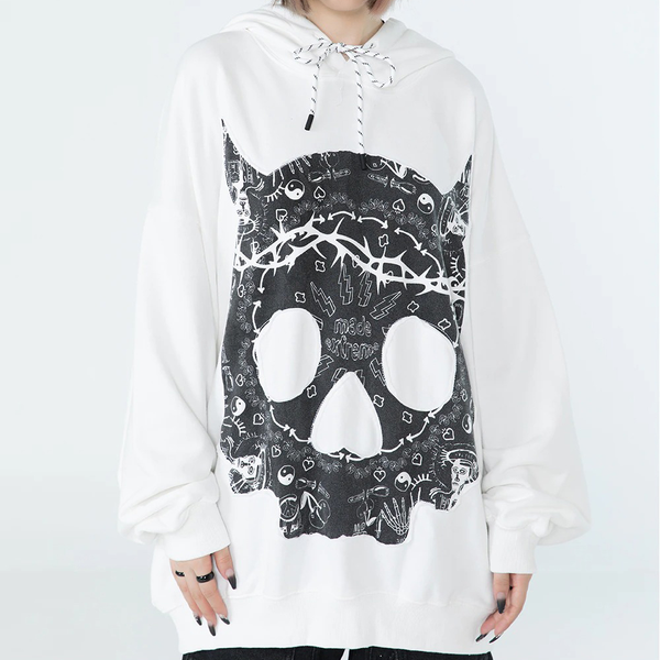 Punk Skull Patch Women's Hoodie / Gothic Oversized Long Sleeves Sweatshirt