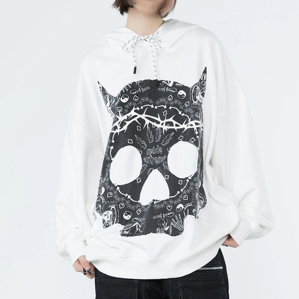 Punk Skull Patch Women's Hoodie / Gothic Oversized Long Sleeves Sweatshirt