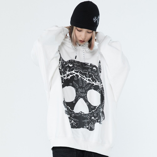 Punk Skull Patch Women's Hoodie / Gothic Oversized Long Sleeves Sweatshirt