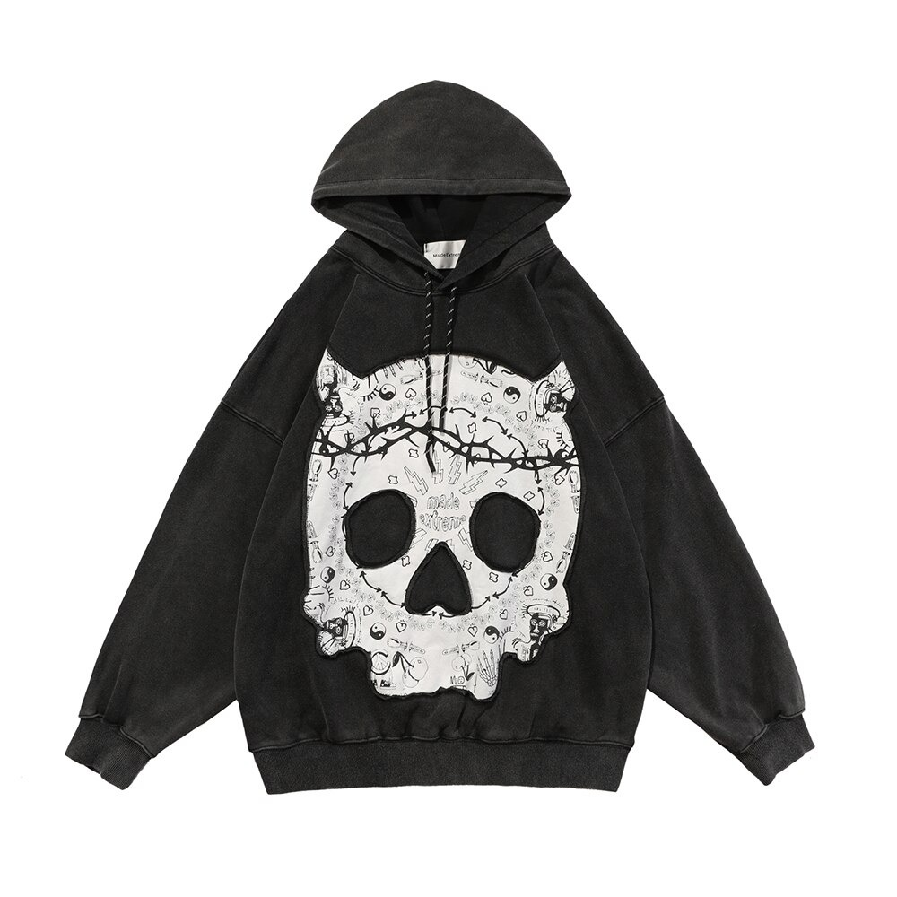 Punk Skull Patch Women's Hoodie / Gothic Oversized Long Sleeves Sweatshirt