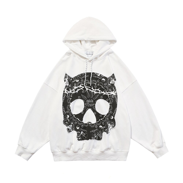 Punk Skull Patch Women's Hoodie / Gothic Oversized Long Sleeves Sweatshirt