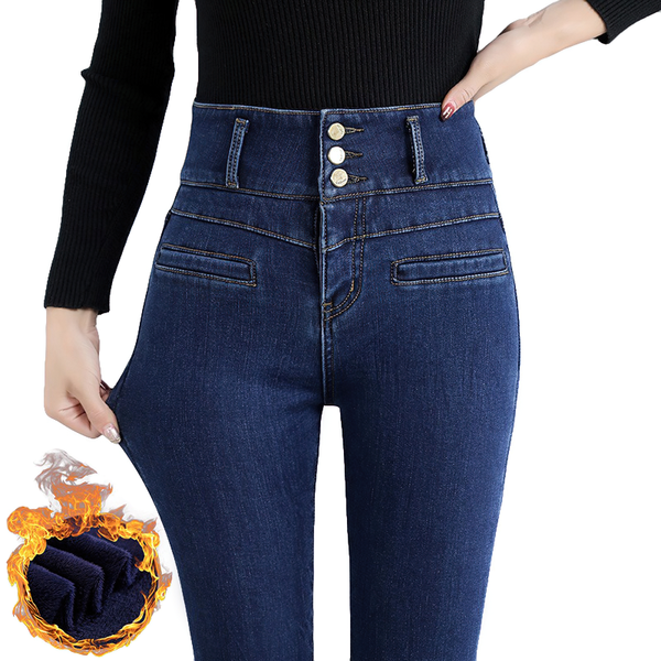 Regular and Warm Jeans for Women / Female High Waist Skinny Stretch Fleece Denim Trousers