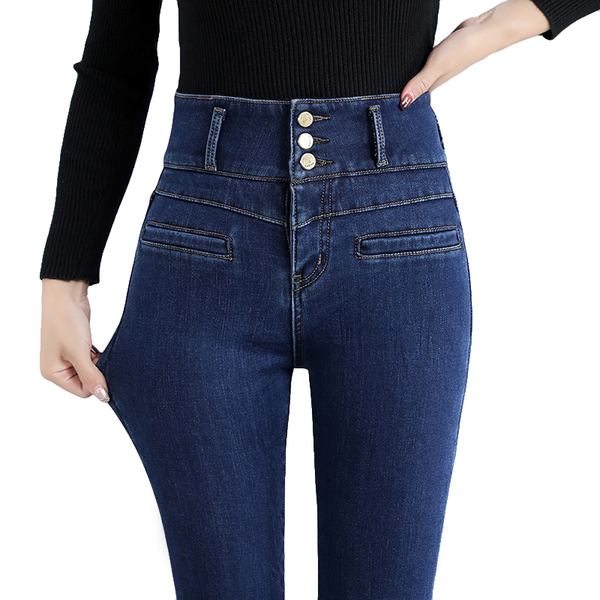 Regular and Warm Jeans for Women / Female High Waist Skinny Stretch Fleece Denim Trousers