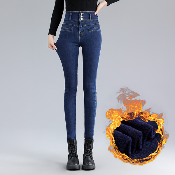 Regular and Warm Jeans for Women / Female High Waist Skinny Stretch Fleece Denim Trousers