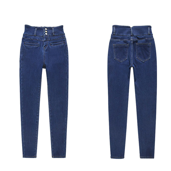 Regular and Warm Jeans for Women / Female High Waist Skinny Stretch Fleece Denim Trousers