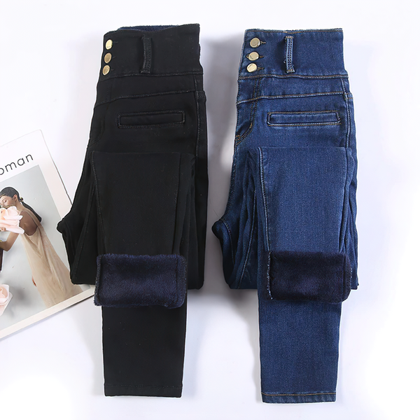 Regular and Warm Jeans for Women / Female High Waist Skinny Stretch Fleece Denim Trousers