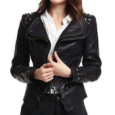 Rocker Chic Clothing / Studded Leather Jacket for Women / Black Motorcycle Rock Style