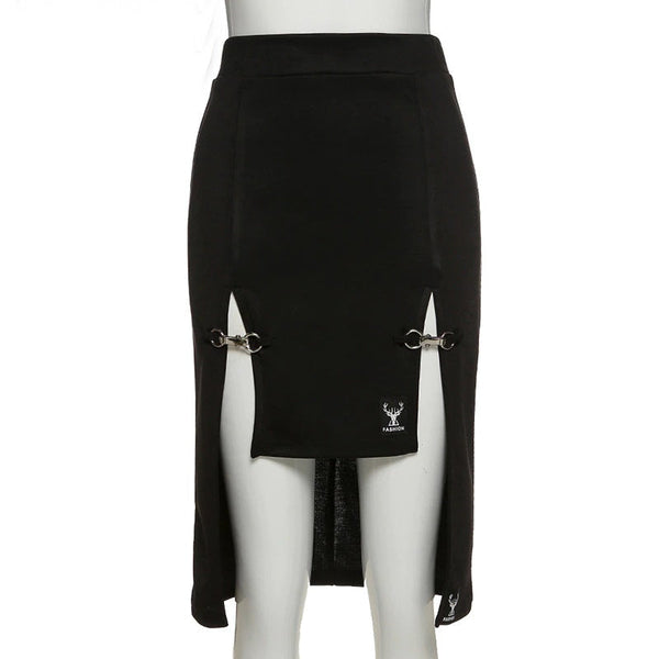 Punk Style Black Sexy Midi Pencil Skirt