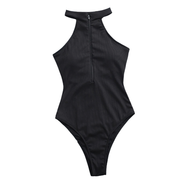 Sexy High Neck Monokini With Zipper For Women / Female One Piece Ribbed Swimwear