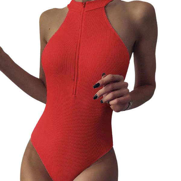 Sexy High Neck Monokini With Zipper For Women / Female One Piece Ribbed Swimwear