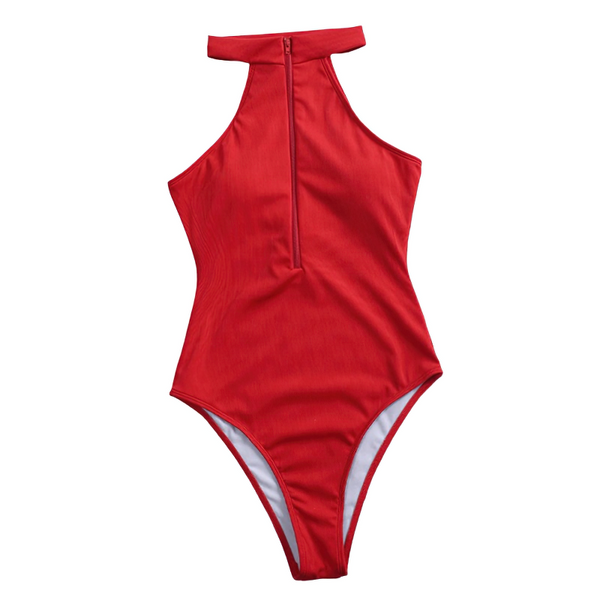 Sexy High Neck Monokini With Zipper For Women / Female One Piece Ribbed Swimwear