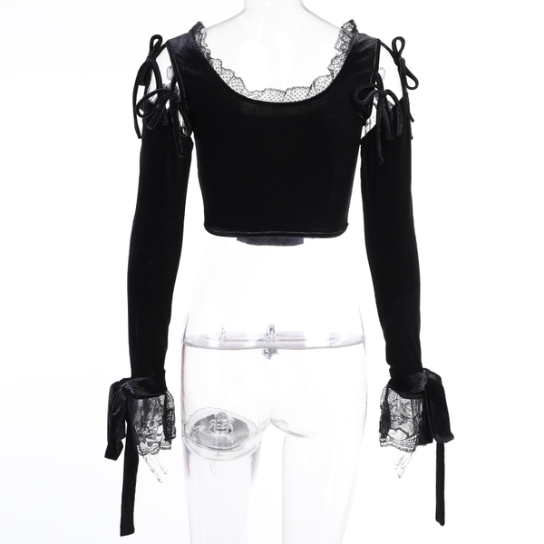 Sexy Women's Lace Top with Long Sleeve / Gothic Casual Black Crop Top