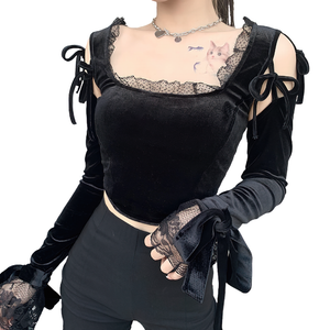 Sexy Women's Lace Top with Long Sleeve / Gothic Casual Black Crop Top