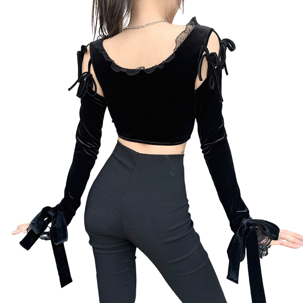 Sexy Women's Lace Top with Long Sleeve / Gothic Casual Black Crop Top