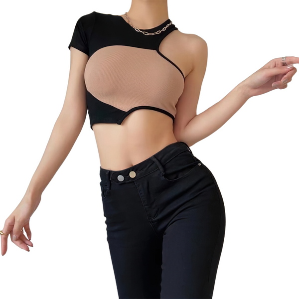 Sexy Women's Summer Asymetrical Crop Top / Female Two Сolored O-Neck Crop Top