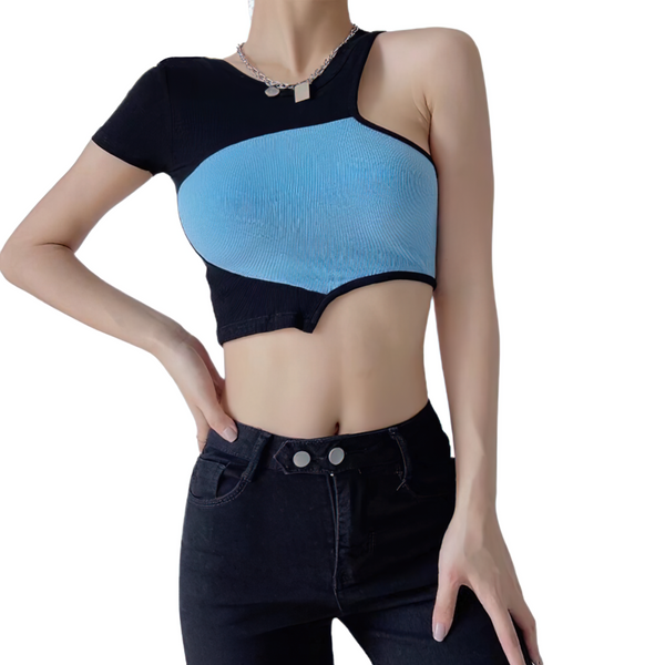 Sexy Women's Summer Asymetrical Crop Top / Female Two Сolored O-Neck Crop Top