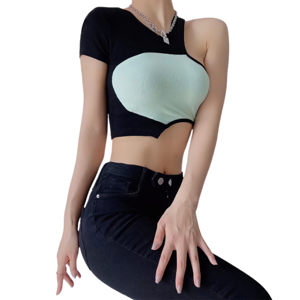 Sexy Women's Summer Asymetrical Crop Top / Female Two Сolored O-Neck Crop Top