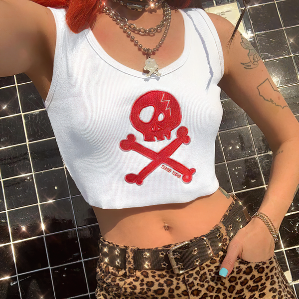 Sleeveless White Tank Tops For Women / Female Grunge Skull Streetwear