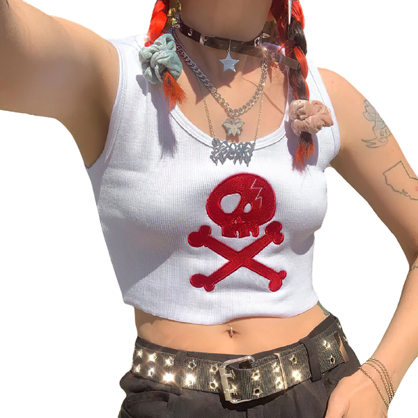 Sleeveless White Tank Tops For Women / Female Grunge Skull Streetwear