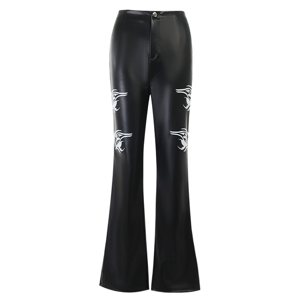 Streetwear PU Leather Women's Pants / High Waist Straight Pants / Gothic Loose Trousers