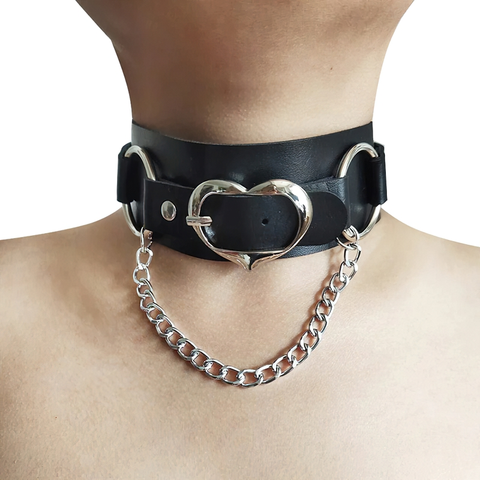 Unisex Choker Of PU Leather / Gothic Accessories Of Heart Shape Metal Chain