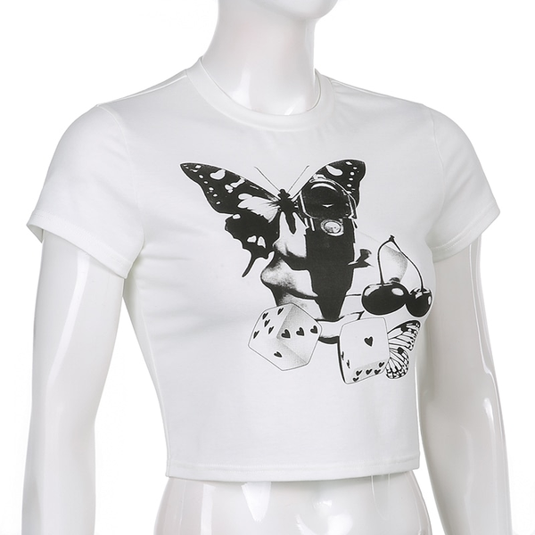 White O-Neck Female Crop Top / Butterfly Print Elegant Top / Alternative Style Women's Crop Top