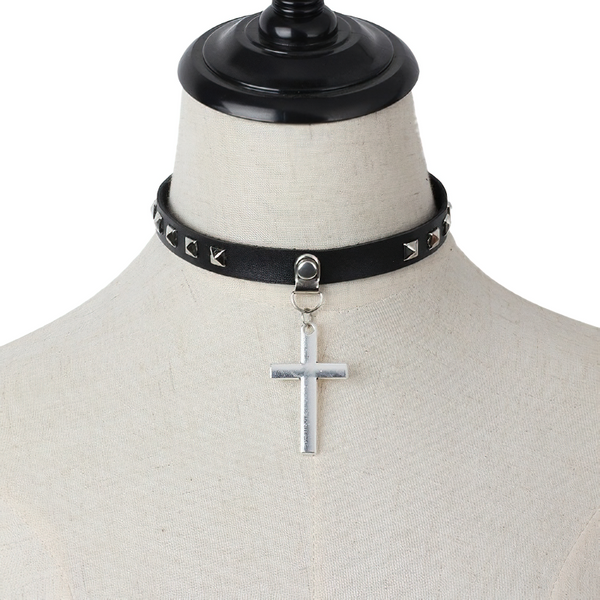 Women Choker Of Cross Pendant / Gothic Necklaces Of PU Leather / Rock Style Accessories