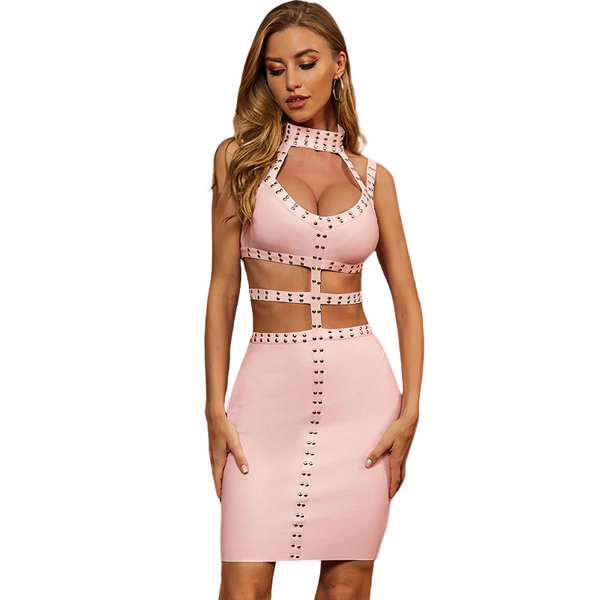 Women Sexy Cut Out O-Neck Bodycon Dress / Fashion Sleeveless Dress With Rivets