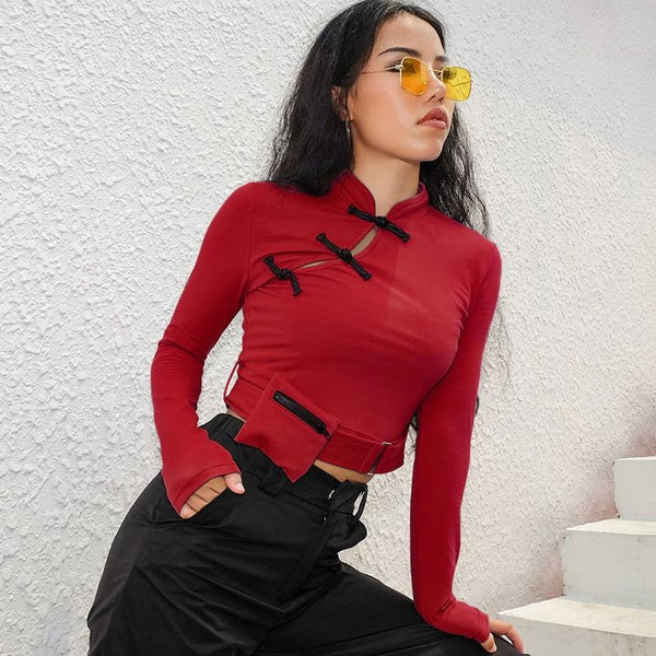 Women Stylish Long Sleeve Tops with Chinese Knot / Bare Crop Top with Pocket in Gothic Style