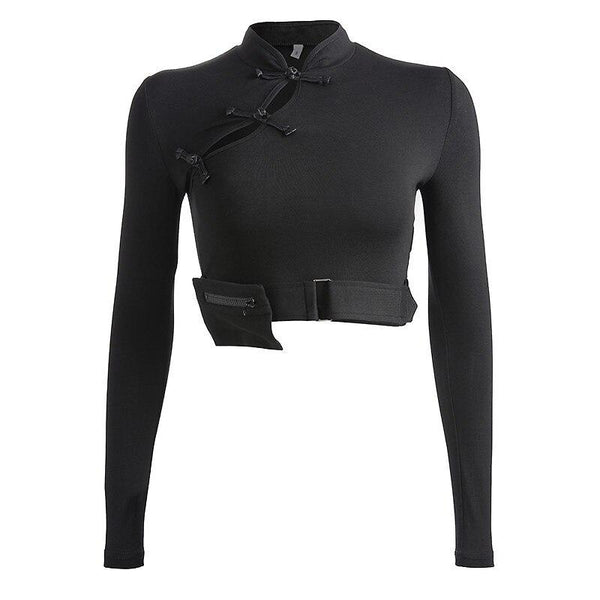 Women Stylish Long Sleeve Tops with Chinese Knot / Bare Crop Top with Pocket in Gothic Style