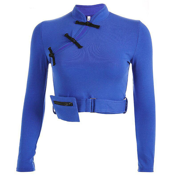 Women Stylish Long Sleeve Tops with Chinese Knot / Bare Crop Top with Pocket in Gothic Style