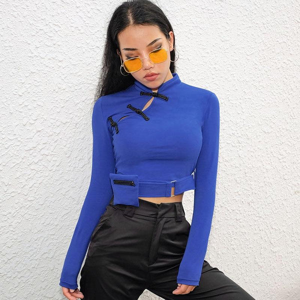 Women Stylish Long Sleeve Tops with Chinese Knot / Bare Crop Top with Pocket in Gothic Style