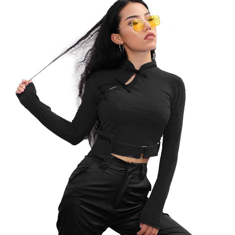 Women Stylish Long Sleeve Tops with Chinese Knot / Bare Crop Top with Pocket in Gothic Style