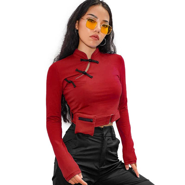 Women Stylish Long Sleeve Tops with Chinese Knot / Bare Crop Top with Pocket in Gothic Style