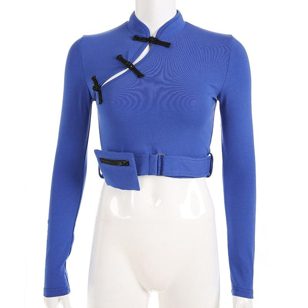 Women Stylish Long Sleeve Tops with Chinese Knot / Bare Crop Top with Pocket in Gothic Style