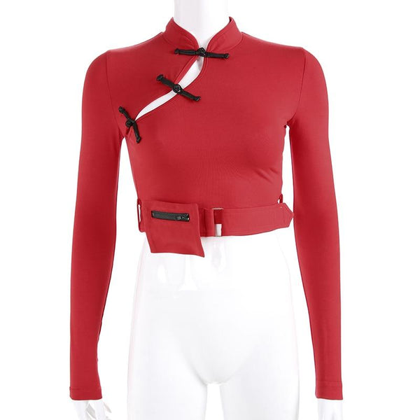 Women Stylish Long Sleeve Tops with Chinese Knot / Bare Crop Top with Pocket in Gothic Style