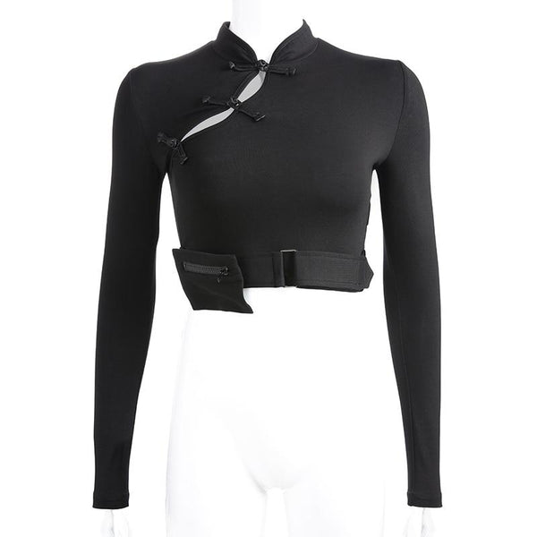 Women Stylish Long Sleeve Tops with Chinese Knot / Bare Crop Top with Pocket in Gothic Style