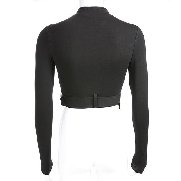 Women Stylish Long Sleeve Tops with Chinese Knot / Bare Crop Top with Pocket in Gothic Style