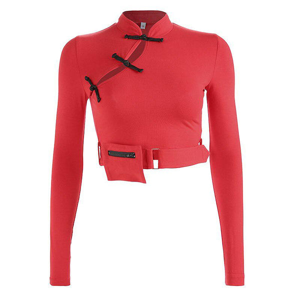 Women Stylish Long Sleeve Tops with Chinese Knot / Bare Crop Top with Pocket in Gothic Style