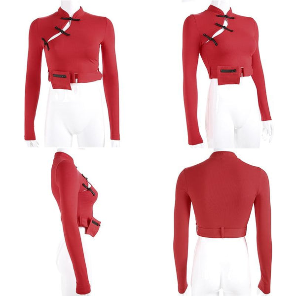 Women Stylish Long Sleeve Tops with Chinese Knot / Bare Crop Top with Pocket in Gothic Style