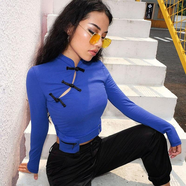 Women Stylish Long Sleeve Tops with Chinese Knot / Bare Crop Top with Pocket in Gothic Style