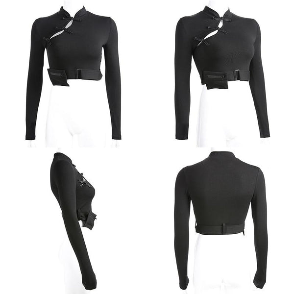 Women Stylish Long Sleeve Tops with Chinese Knot / Bare Crop Top with Pocket in Gothic Style